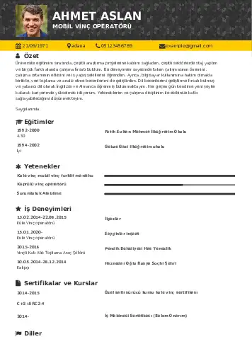 Vinç Operatörü Cv Örnekleri cv indir